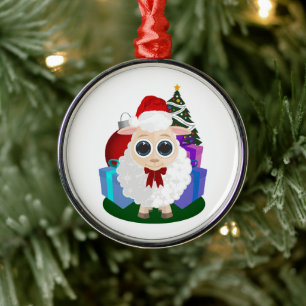 Cute Christmas Sheep Festive Holiday Round Metal Ornament