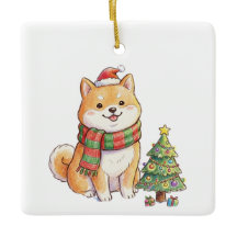 Cute Christmas Shiba Inu in Santa Hat & Scarf Holi