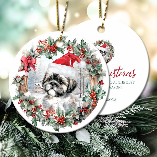 Cute Christmas shih tzu dog puppy Santa hat Ceramic Ornament (Cute Christmas shih tzu dog puppy Santa hat Ceramic Ornament)