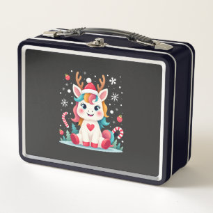 Cute Christmas Shirt Girls Women Xmas Unicorn Deer Metal Lunch Box