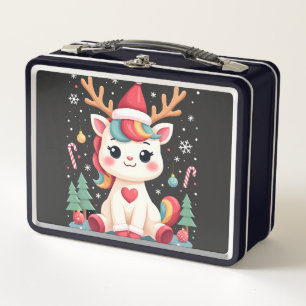 Cute Christmas Shirt Girls Women Xmas Unicorn Deer Metal Lunch Box
