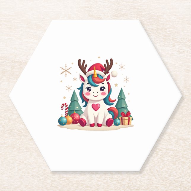 Cute Christmas Shirt Girls Women Xmas Unicorn Deer Paper Coaster (Front)