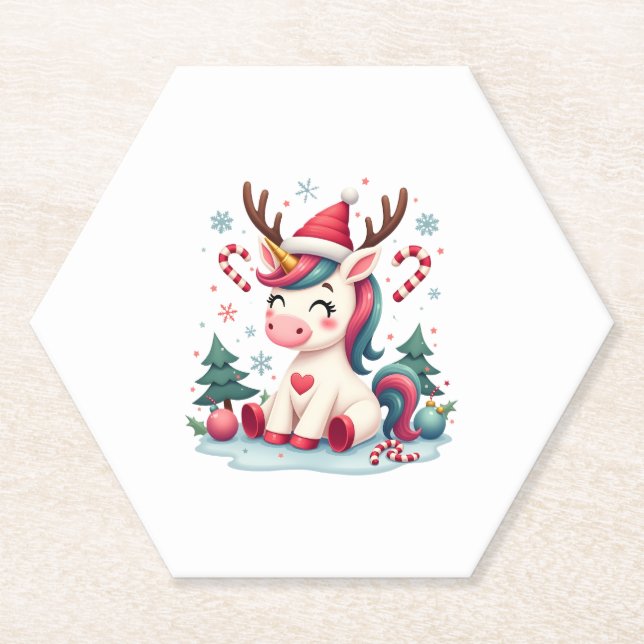 Cute Christmas Shirt Girls Women Xmas Unicorn Deer Paper Coaster (Front)