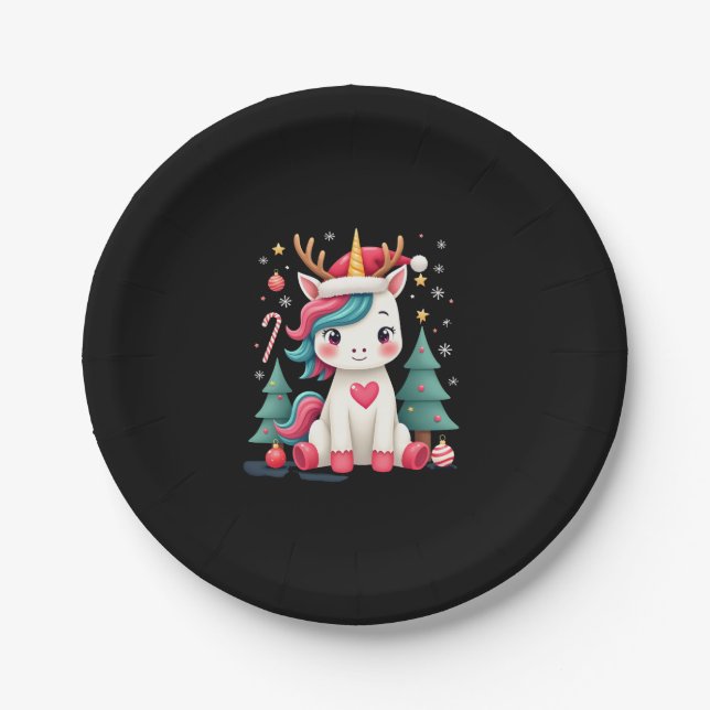 Cute Christmas Shirt Girls Women Xmas Unicorn Deer Paper Plate (Front)