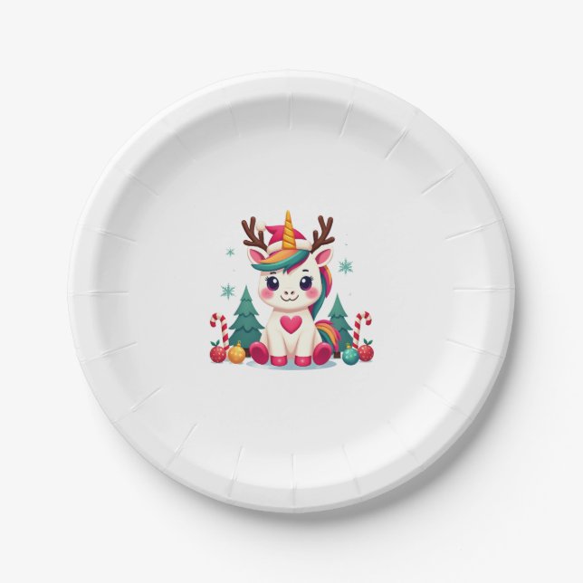 Cute Christmas Shirt Girls Women Xmas Unicorn Deer Paper Plate (Front)