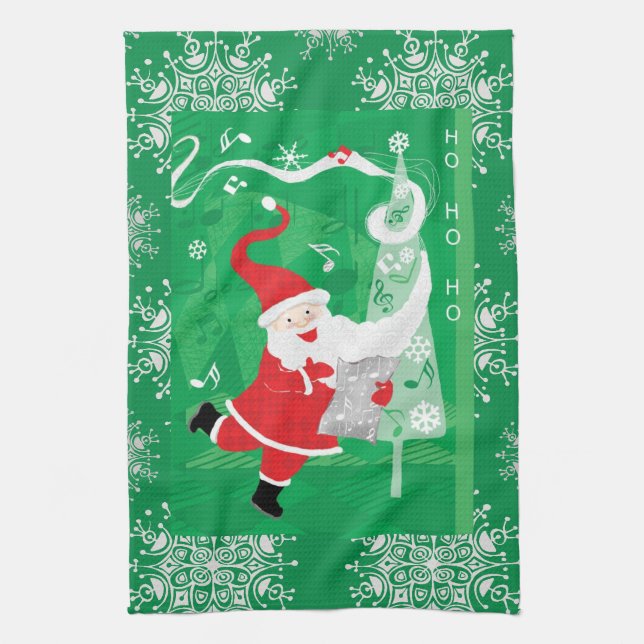 Cute Christmas, Singing and Dancing Santa Claus Tea Towel (Vertical)