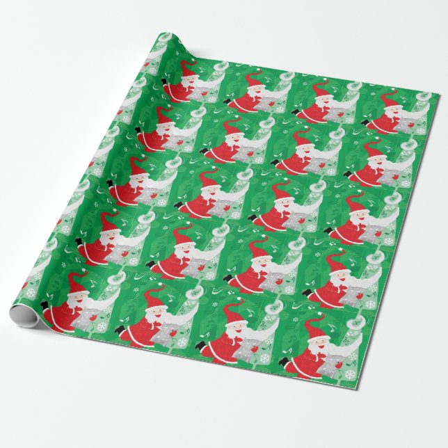Cute Christmas, Singing and Dancing Santa Claus Wrapping Paper (Unrolled)