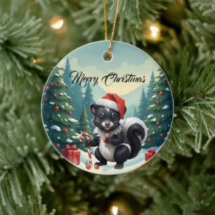 Cute Christmas Skunk Cartoon  Ceramic Ornament