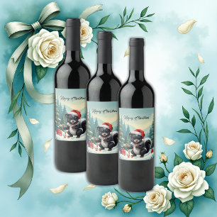 Cute Christmas Skunk Cartoon Wine Label