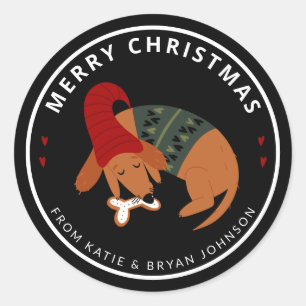 Cute Christmas Sleeping Dog Customisable Classic Round Sticker