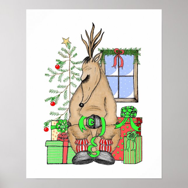 Cute Christmas Sleepy Reindeer Wrapping Gifts Poster (Front)