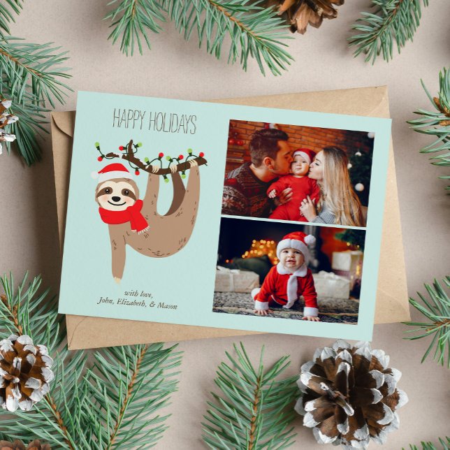 Cute Christmas Sloth 2 Photo Collage  Holiday Card (Creator Uploaded)