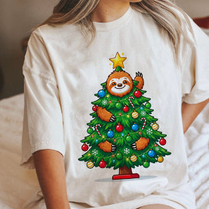 Cute Christmas Sloth In Holiday Tree Cartoon Tri-Blend Shirt