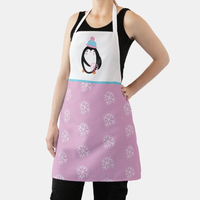 Cute Christmas Snowflake Penguin Pink Holiday Apron (Insitu)