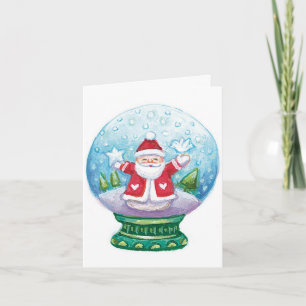 Cute Christmas Snowglobe Santa Claus, Star, Bird Holiday Card