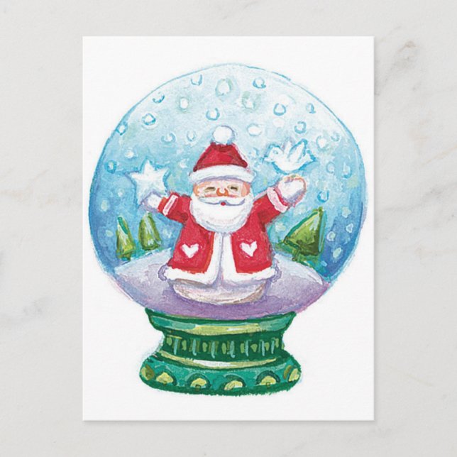 Cute Christmas Snowglobe Santa Claus, Star, Bird Holiday Postcard (Front)