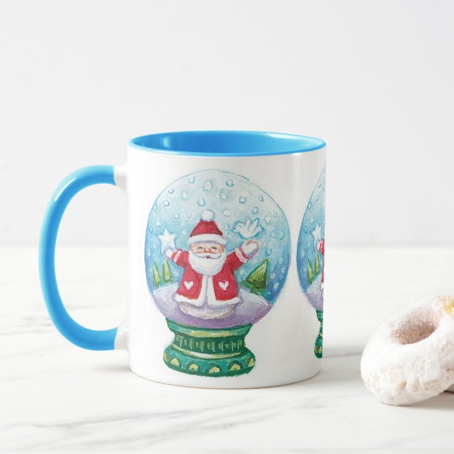 Cute Christmas Snowglobe Santa Claus, Star, Bird Mug (With Donut)