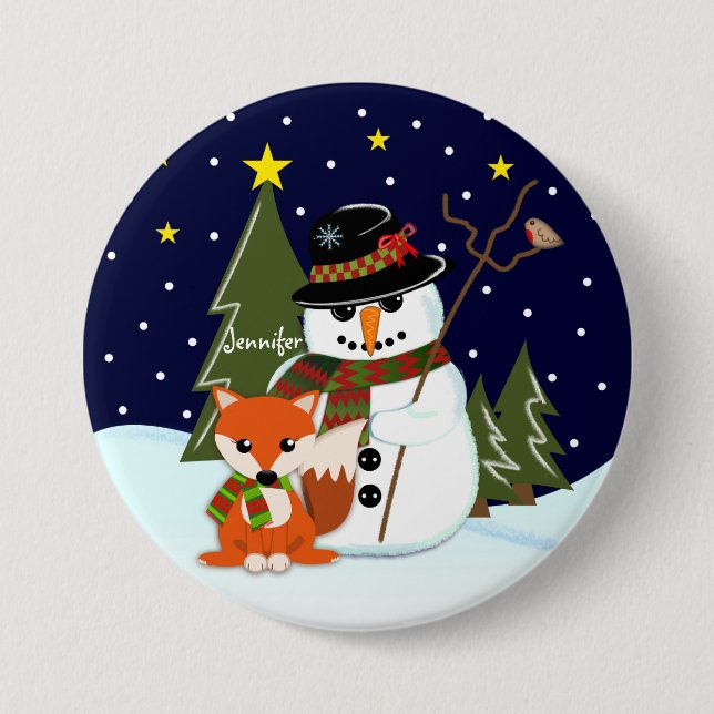 Cute Christmas Snowman and Fox and Custom name 7.5 Cm Round Badge (Front)