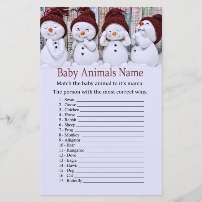 Cute Christmas Snowman Baby Animals Name Game (Front)