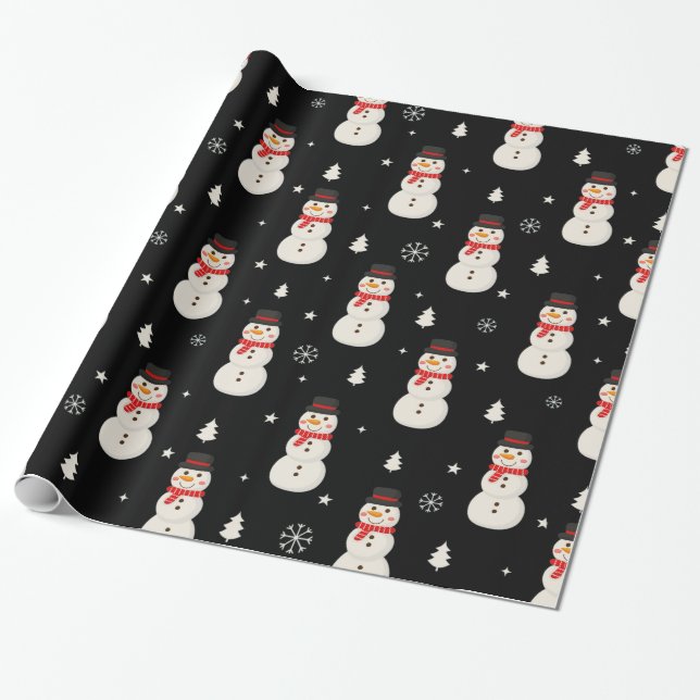 Cute Christmas Snowman Black Wrapping Paper (Unrolled)