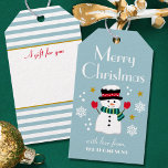 Cute Christmas Snowman Blue Editable Name Gift Tags<br><div class="desc">Add a little whimsical charm to the holiday season with these fun personalised gift tags. A Merry Christmas design with snowflakes and stars, and a happy snowman wearing a hat, scarf and mittens. This editable template includes your name on the front, and a place for the recipient's name on the...</div>
