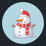 Cute Christmas Snowman Classic Round Sticker<br><div class="desc">A cute Christmas snowman who is kind of chubby and jolly wearing  a striped scarf and a red christmas hat. Festive and fun.</div>