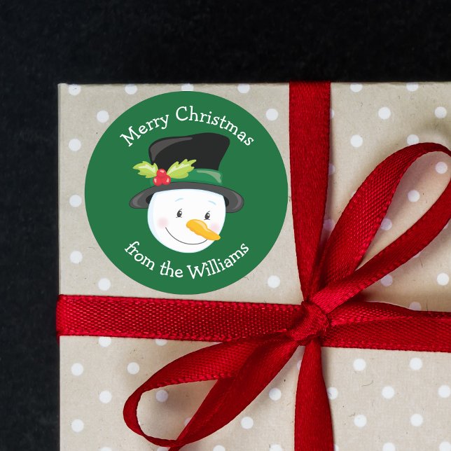 Cute Christmas Snowman Custom Green From Gift Classic Round Sticker (Creator Uploaded)