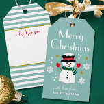 Cute Christmas Snowman Custom Name Blue Green Gift Tags<br><div class="desc">Add a little whimsical charm to the holiday season with these cute personalised gift tags! Featuring original artwork with a happy snowman wearing a hat, scarf and mittens, surrounded by snowflakes and stars. The colour palette includes red, green, black, white and yellow gold on a blue-green background. The text on...</div>