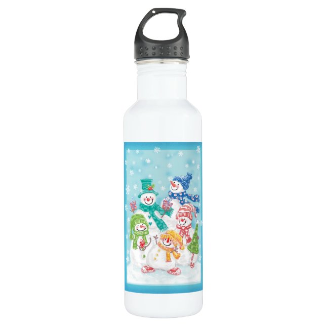 Cute Christmas Snowman Family in the Snow 710 Ml Water Bottle (Front)