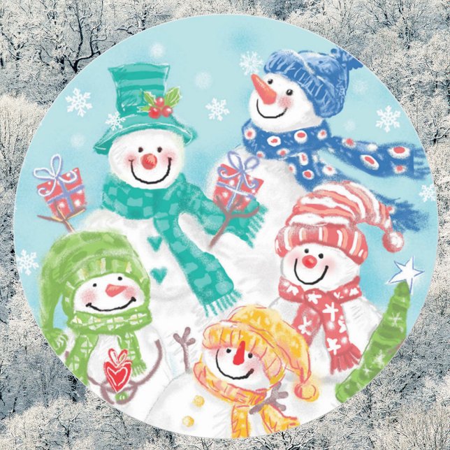 Cute Christmas Snowman Family in the Snow Classic Round Sticker (Creator Uploaded)