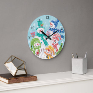 Cute Christmas Snowman Family in the Snow Large Clock