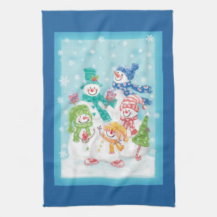 Cute Christmas Snowman Family in the Snow Tea Towel