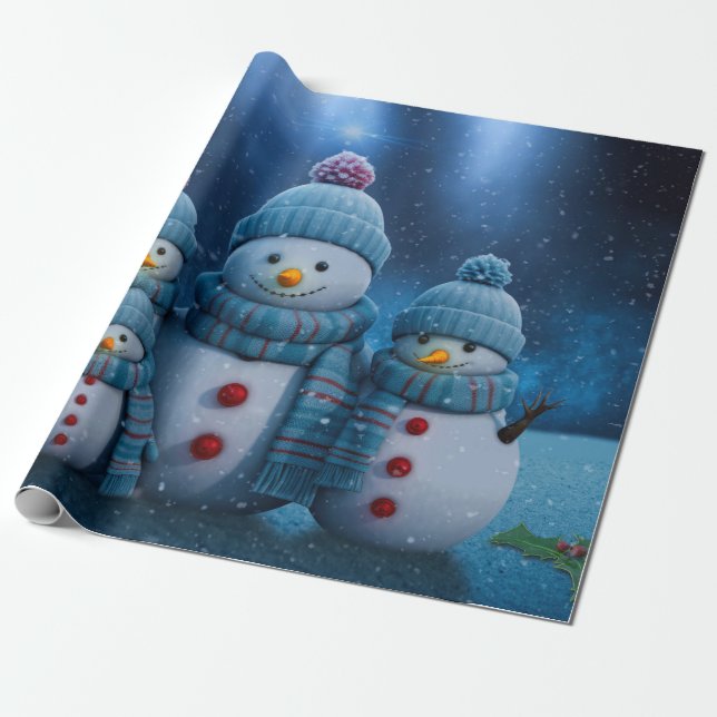 Cute Christmas Snowman Family Wrapping Paper (Unrolled)