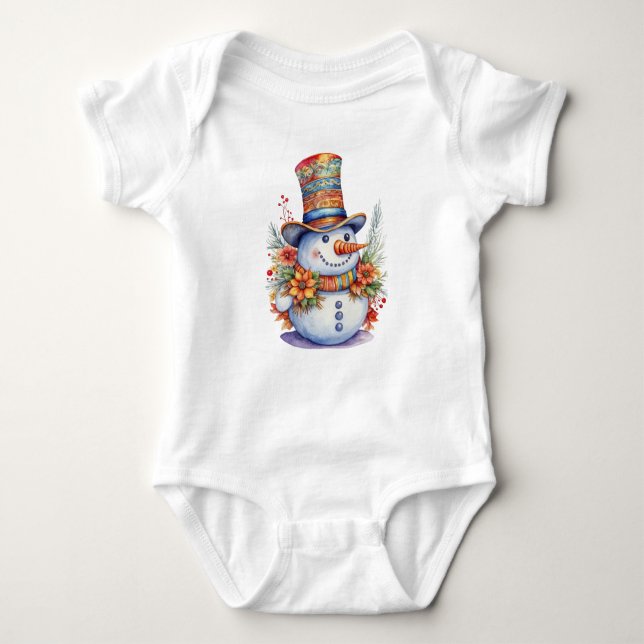 Cute Christmas Snowman in Mandala Hat Watercolor  Baby Bodysuit (Front)