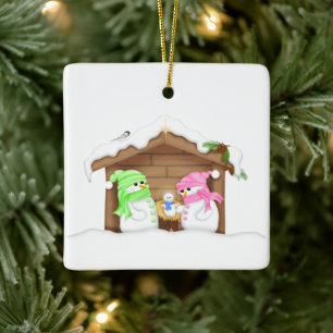 Cute Christmas Snowman Manger Ceramic Ornament