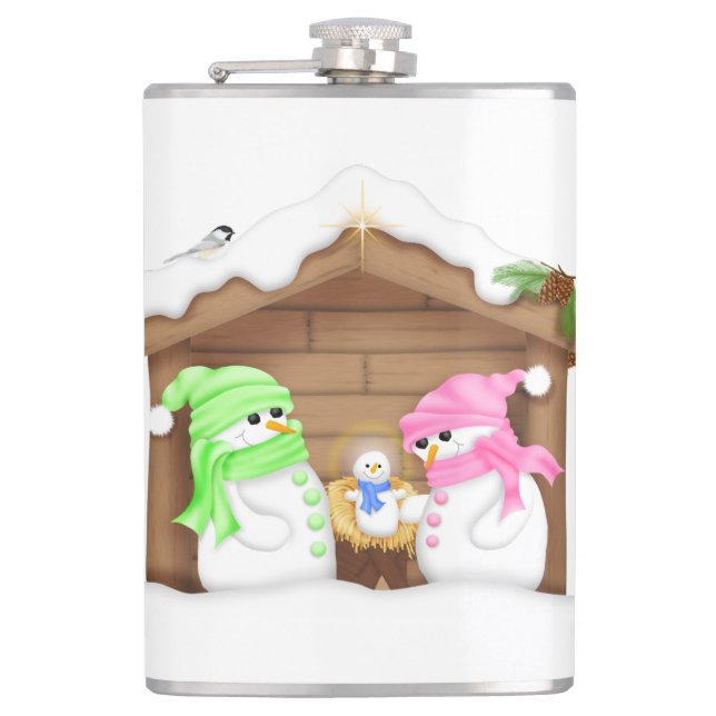 Cute Christmas Snowman Manger Hip Flask (Front)