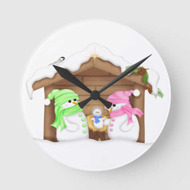 Cute Christmas Snowman Manger Round Clock (Front)