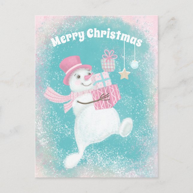 Cute Christmas Snowman Pink and Mint Holiday Postcard (Front)