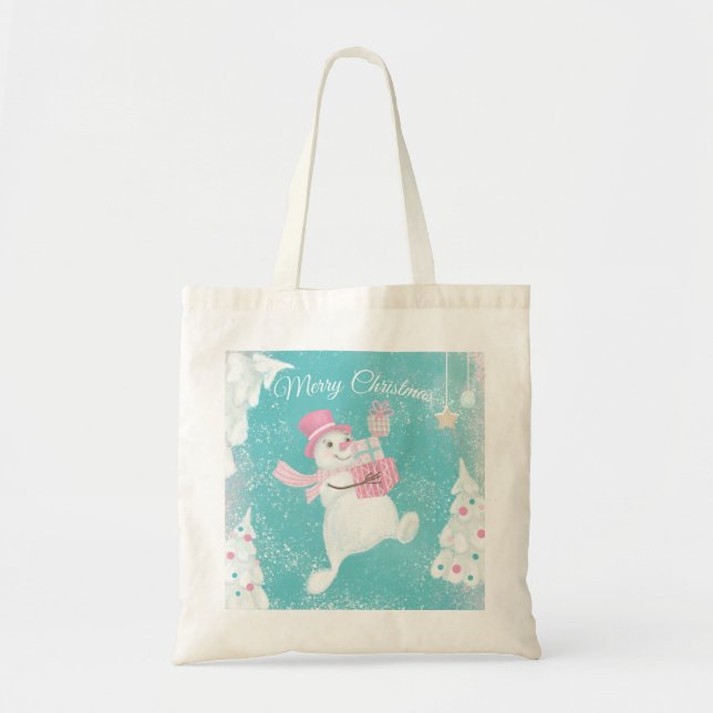 Cute Christmas Snowman Pink and Mint Tote Bag (Front)