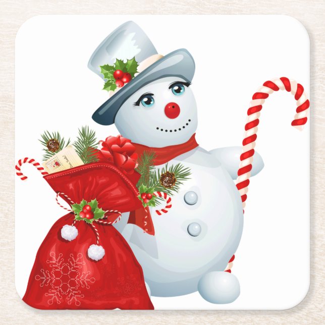 Cute Christmas Snowman Square Paper Coaster (Front)