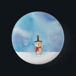 Cute Christmas Snowman Waving And Smiling 6 Cm Round Badge<br><div class="desc">A badge with a cute snowman illustration. He is wearing a black stovepipe hat, holding a classic corn cob pipe, and wearing a red scarf. Standing in the cold white snow smiling and waving hello. The background is composed of a watercolor sky with blue and purple colours blending and mingling...</div>