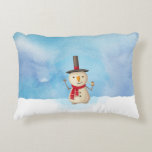 Cute Christmas Snowman Waving And Smiling Decorative Cushion<br><div class="desc">Pillow with a cute snowman illustration. He is wearing a black stovepipe hat, holding a classic corn cob pipe, and wearing a red scarf. Standing in the cold white snow smiling and waving hello. The background is composed of a watercolor sky with blue and purple colours blending and mingling together....</div>