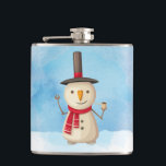 Cute Christmas Snowman Waving And Smiling Hip Flask<br><div class="desc">A flask with a cute snowman illustration. He is wearing a black stovepipe hat, holding a classic corn cob pipe, and wearing a red scarf. Standing in the cold white snow smiling and waving hello. The background is composed of a watercolor sky with blue and purple colours blending and mingling...</div>