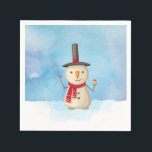 Cute Christmas Snowman Waving And Smiling Napkin<br><div class="desc">Paper napkins with a cute snowman illustration. He is wearing a black stovepipe hat, holding a classic corn cob pipe, and wearing a red scarf. Standing in the cold white snow smiling and waving hello. The background is composed of a watercolor sky with blue and purple colours blending and mingling...</div>