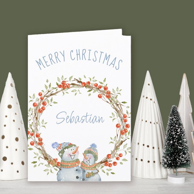 Cute Christmas Snowman Winter Berry Wreath Holiday (Christmas Card for someone special. Buy professionally printed or as printable digital download.)