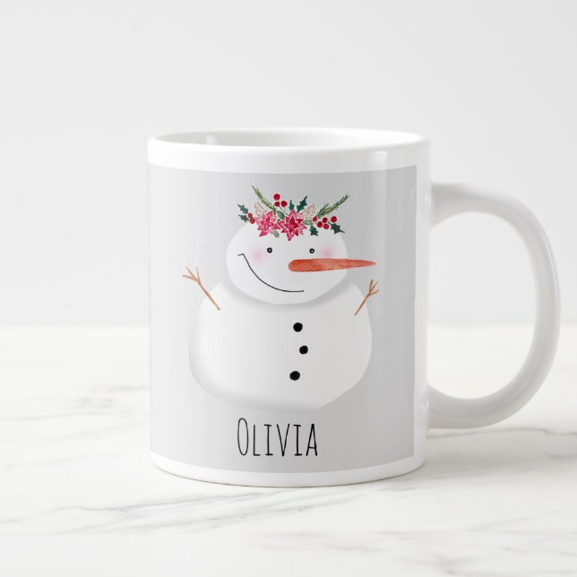 Cute Christmas Snowman with Flower and Name Large Coffee Mug (Right)