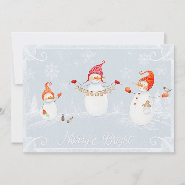 Cute Christmas Snowmen Merry and Bright Holiday Card (Front)