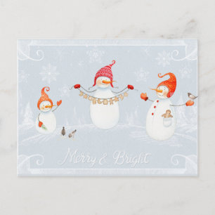 Cute Christmas Snowmen Merry and Bright Holiday Postcard