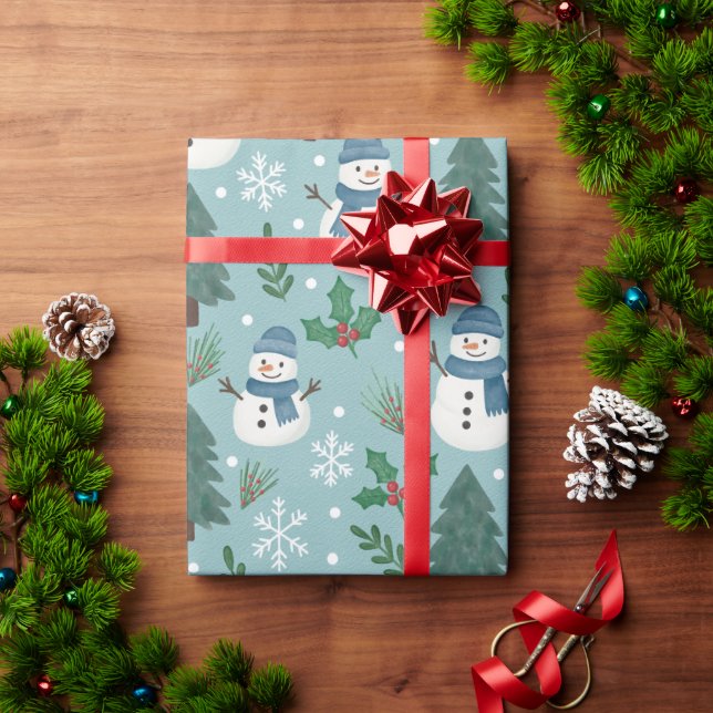 Cute Christmas Snowmen Pattern Wrapping Paper Roll (Holiday Gift)