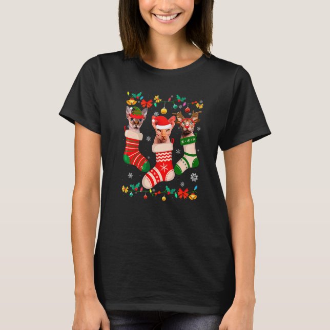 Cute Christmas Socks Pajama Sphynx Xmas Cat Owner T-Shirt (Front)